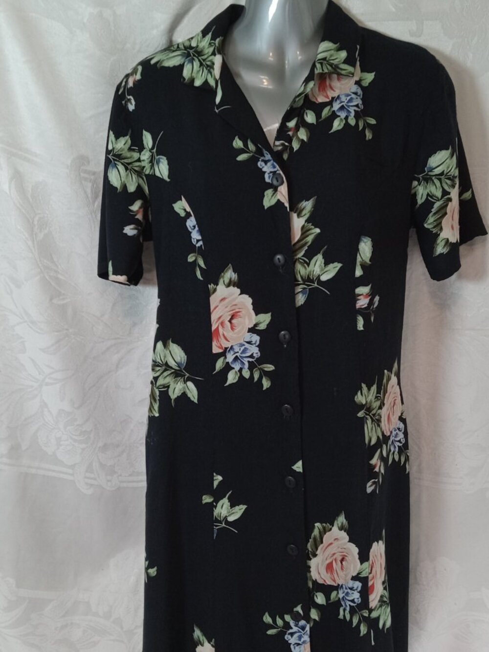 Black Maxi Dress Pink Floral Button Front Whimsigoth 1990s Grunge Vintage
